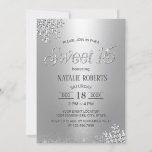 Modern Silver Snowflakes Winter Sweet 16 Birthday Kaart