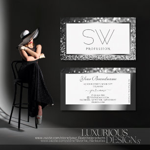 Modern Silver Sparking Glitter op White Monogram  Visitekaartje
