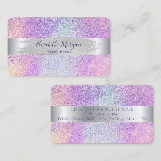 Modern, Silver Stripe, Brush Stroke Holographic Visitekaartje (Voorkant / Achterkant)