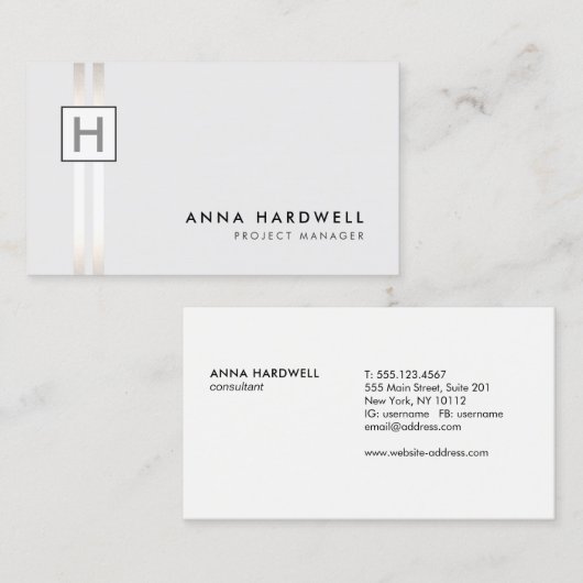 Modern Silver Stripe Professional Monogram Visitekaartje (Voorkant / Achterkant)
