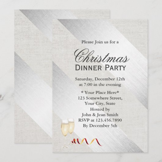 Modern Silver Stripes Classy Linen Kerstfeest Kaart (Voorkant / Achterkant)