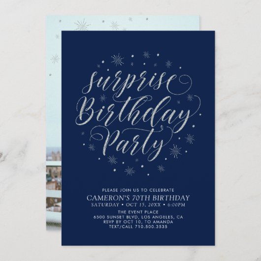 Modern Silver Surprise - Adult Birthday Party Kaart (Voorkant / Achterkant)