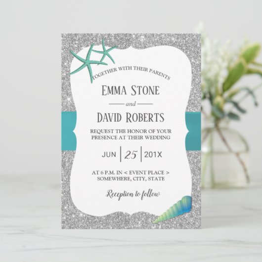 Modern Silver Turquoise Starfish Beach Wedding Kaart (Staand voorkant)
