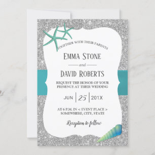 Modern Silver Turquoise Starfish Beach Wedding Kaart