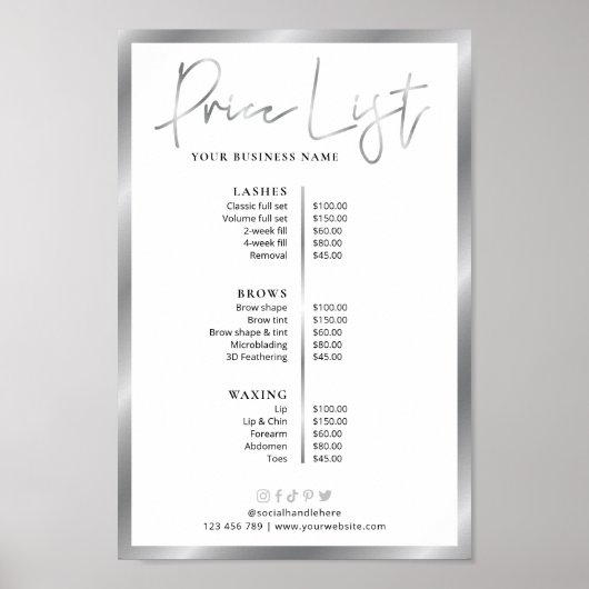 Modern Silver & White Business Pricing Menu Poster (Voorkant)