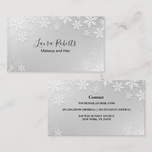Modern Silver Winter Snowflakes Visitekaartje (Voorkant / Achterkant)