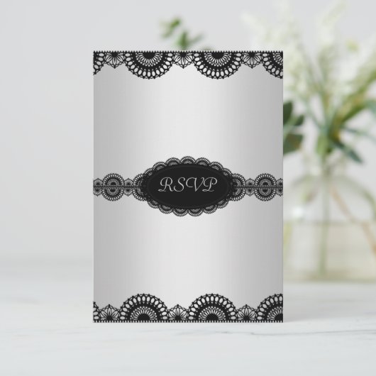 MODERN SILVERBLACK LACE ENGAGEMENT PARTY RSVP KAART (Staand voorkant)