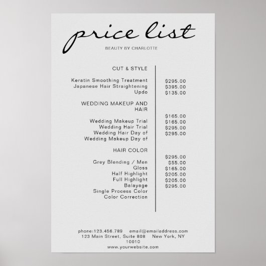Modern Simpel Price List Poster (Voorkant)