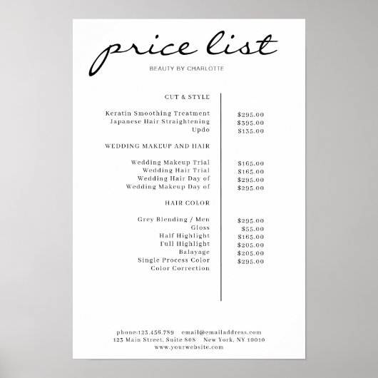 Modern Simpel Price List Poster (Voorkant)