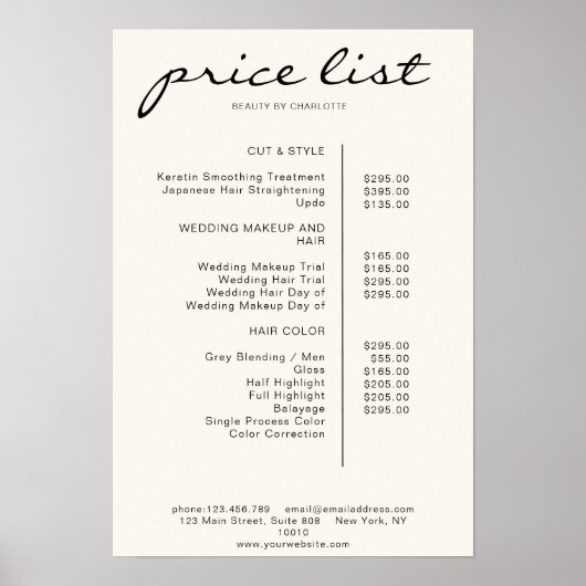 Modern Simpel Price List Poster (Voorkant)