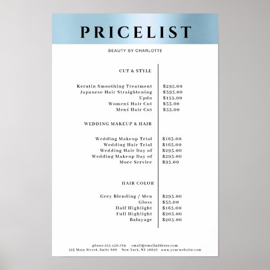 Modern SimpelBlue Salon Price List Poster (Voorkant)