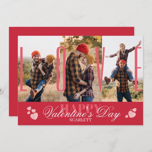 Modern Simple 3 Photo Collage Rode Valentijn's Day Feestdagenkaart (Voorkant / Achterkant)
