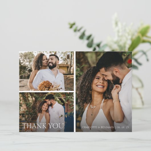 Modern Simple 3 Photo Script Wedding Bedankkaart (Staand voorkant)