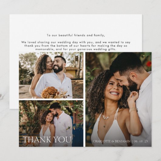 Modern Simple 3 Photo Script Wedding Bedankkaart (Voorkant / Achterkant)