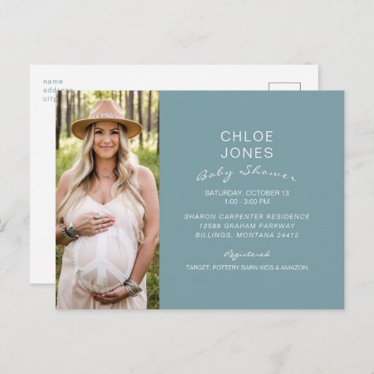 Modern Simple Baby shower Photo Blauwgroen Uitnodiging Briefkaart (Voorkant / Achterkant)