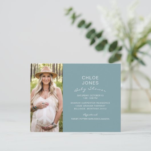 Modern Simple Baby shower Photo Blauwgroen Uitnodiging Briefkaart (Staand voorkant)