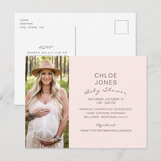 Modern Simple Baby shower Photo Pink Champagne Uitnodiging Briefkaart (Voorkant / Achterkant)