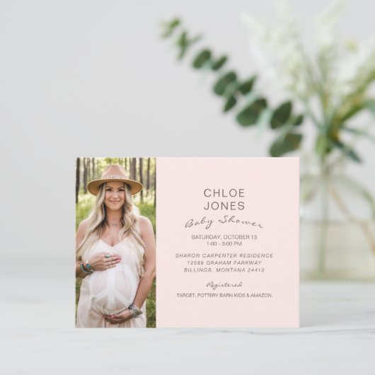 Modern Simple Baby shower Photo Pink Champagne Uitnodiging Briefkaart (Staand voorkant)