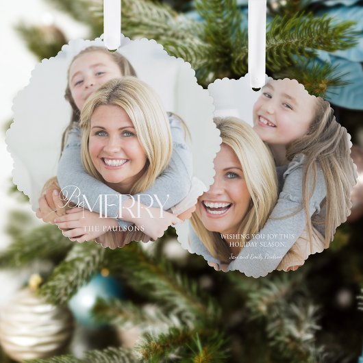 Modern Simple Be Merry Typography 1 Photo Ornament Kaart