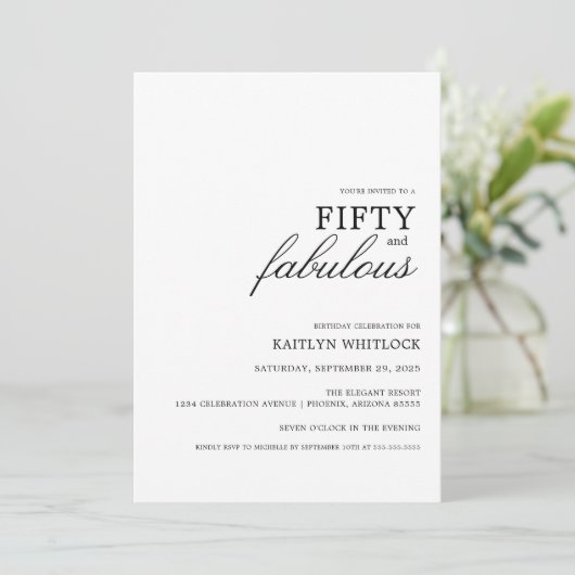Modern Simple Black 50 and Fabulous Birthday Party Kaart (Staand voorkant)