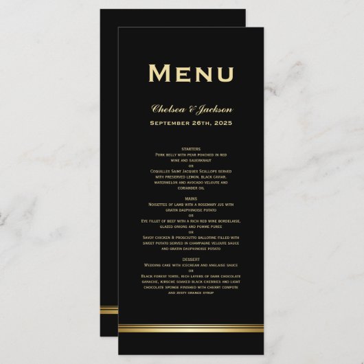 Modern Simple Black Gold Wedding Menu (Voorkant / Achterkant)