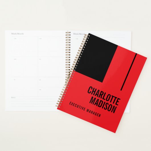 Modern Simple Black Red Minimalist Two Sided Planner (Display)