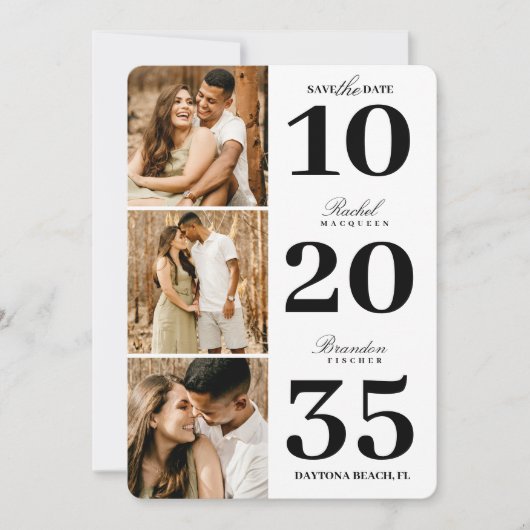 Modern Simple Black White Date Three Photo Wedding Save The Date (Voorkant)