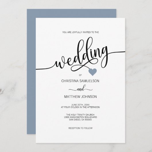 Modern Simple Black White Dusty Blue Heart Weddens Kaart (Voorkant / Achterkant)