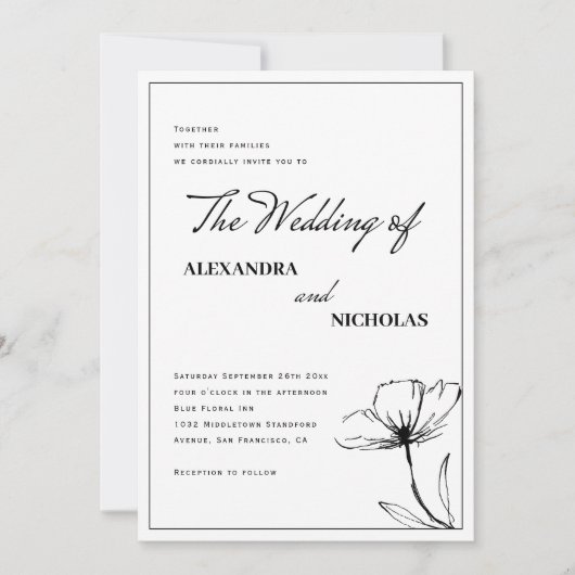 Modern Simple Black White Floral Wedding Kaart (Voorkant)