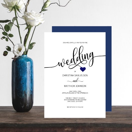 Modern Simple Black, White Navy Blue Heart Wedding Kaart