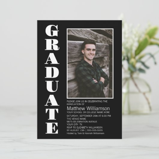 Modern Simple Black White Photo Graduparty Kaart (Staand voorkant)