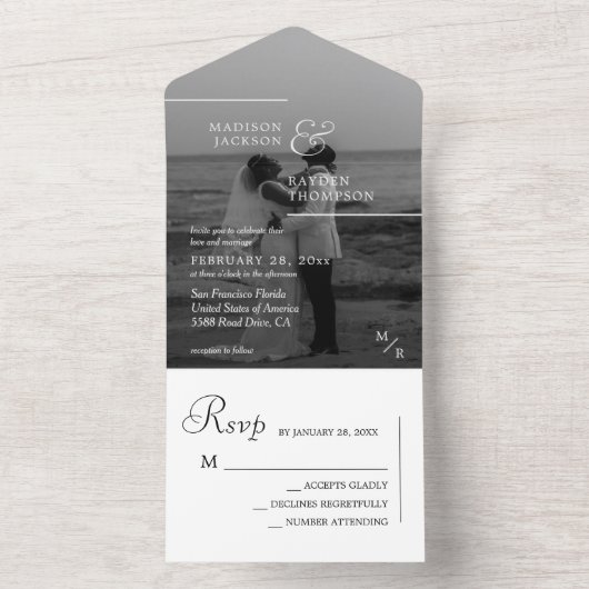 Modern Simple Black White Photo Wedding All In One Uitnodiging (Binnen)