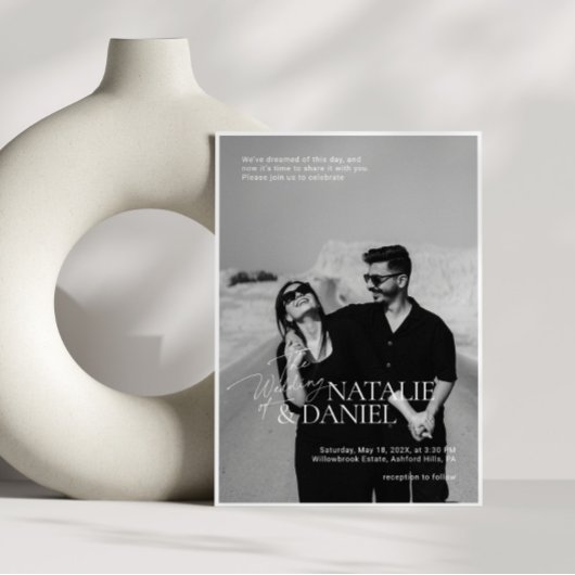 Modern Simple Black & White Photo Wedding Kaart