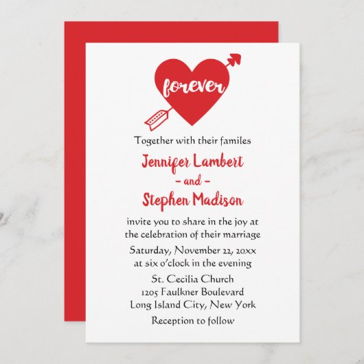 Modern Simple Black, White Red Heart Wedding Kaart (Voorkant / Achterkant)