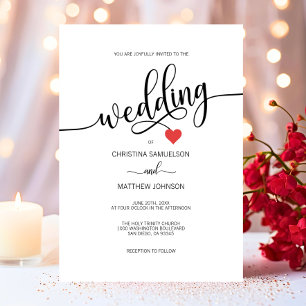 Modern Simple Black, White Red Heart Wedding Kaart