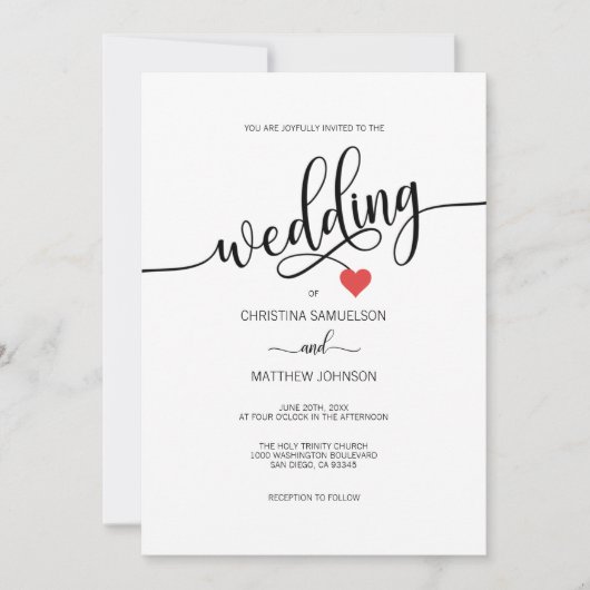 Modern Simple Black, White Red Heart Wedding Kaart (Voorkant)