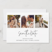 Modern Simple Black White Script 3 Photo Weddensch Save The Date (Voorkant)