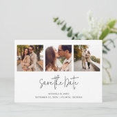 Modern Simple Black White Script 3 Photo Weddensch Save The Date (Staand voorkant)