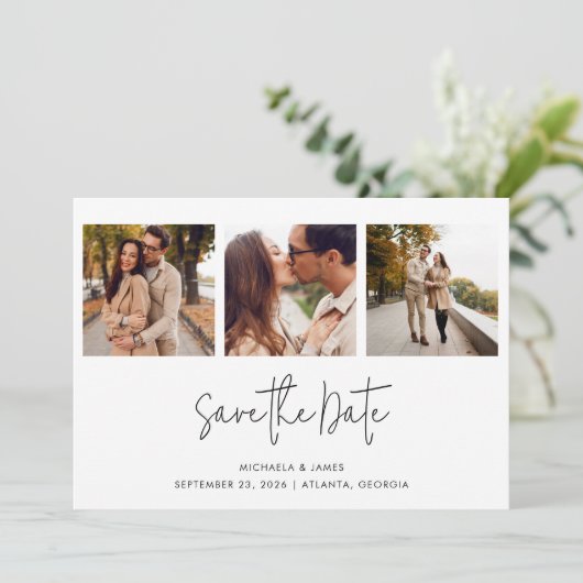 Modern Simple Black White Script 3 Photo Weddensch Save The Date (Staand voorkant)