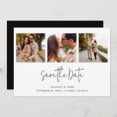 Modern Simple Black White Script 3 Photo Weddensch Save The Date (Voorkant / Achterkant)