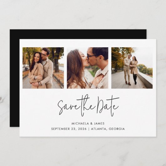 Modern Simple Black White Script 3 Photo Weddensch Save The Date (Voorkant / Achterkant)