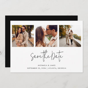 Modern Simple Black White Script 3 Photo Weddensch Save The Date