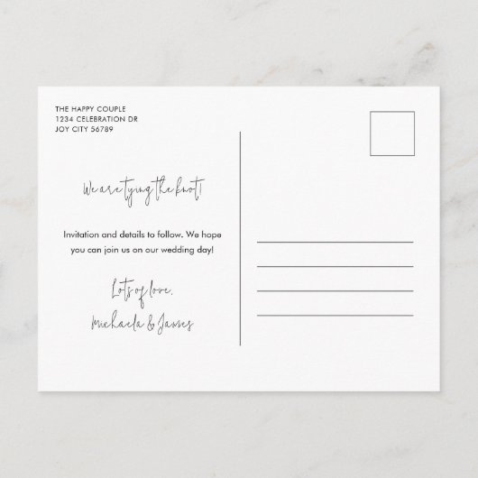 Modern Simple Black White Script 3 Photo Wedding S Aankondigingskaart (Achterkant)