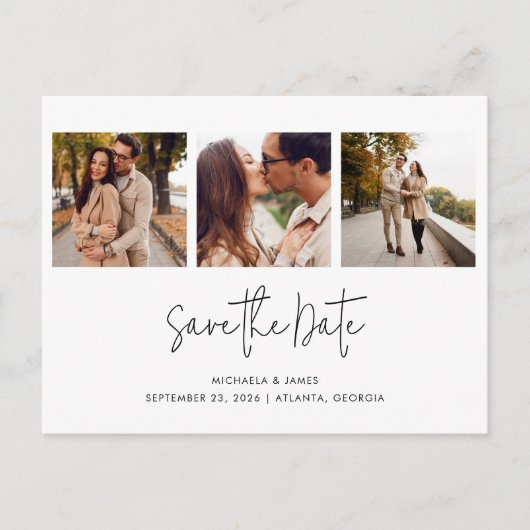 Modern Simple Black White Script 3 Photo Wedding S Aankondigingskaart (Voorkant)