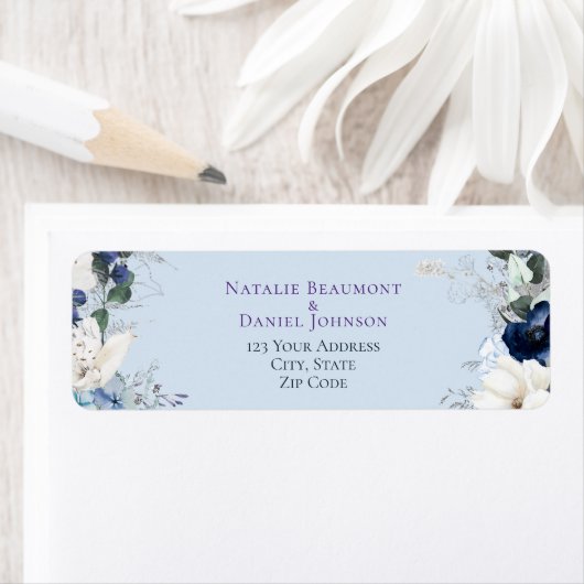 Modern Simple Blue Floral Wedding Etiket (Insitu)