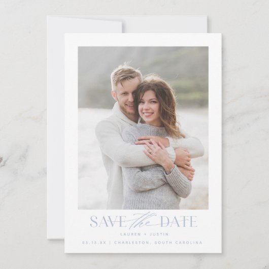 Modern Simple Blue & White Photo Wedding Save The Date (Voorkant)