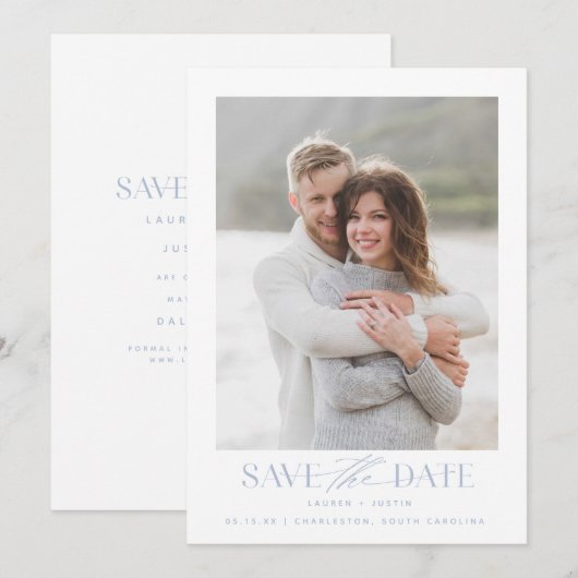 Modern Simple Blue & White Photo Wedding Save The Date (Voorkant / Achterkant)