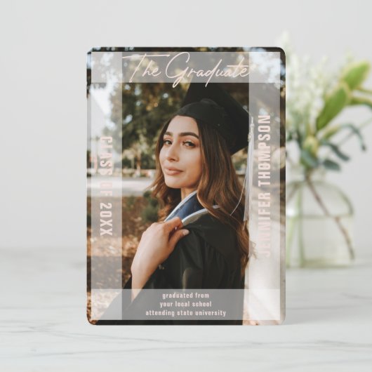 Modern Simple Blush Vellum Foto Afstuderen Aankondiging (Staand voorkant)