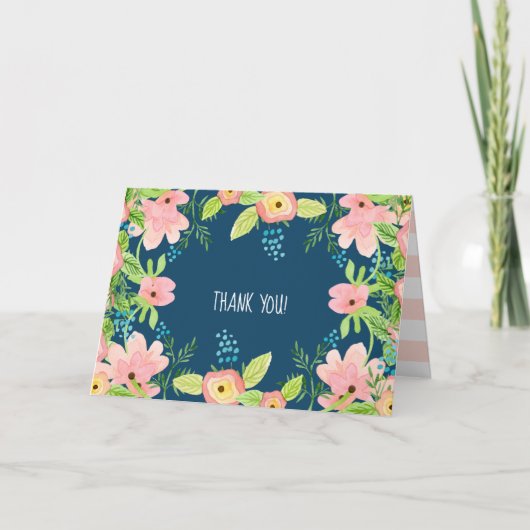 Modern Simple Boho Roos Pink Navy Floral bedankt (Voorkant)