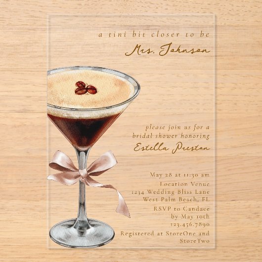 Modern Simple Bow Espresso Martini Bridal Shower Acryl Uitnodigingen (Voorkant)